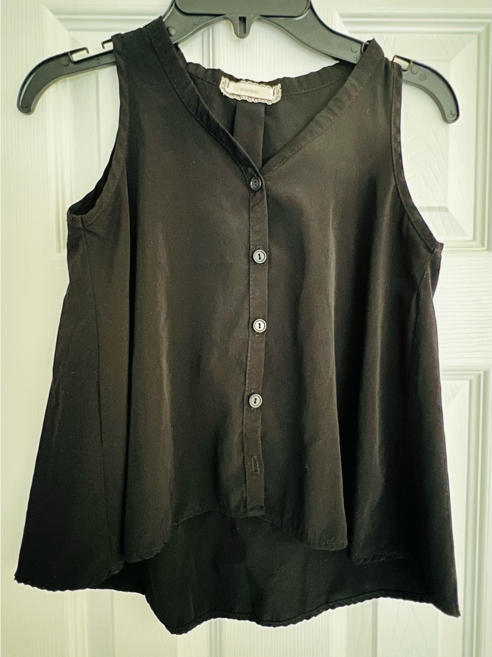 Soprano Girls Tank Top Sleeveless Button Up Black Blouse Sz. S  7/8 Made In USA